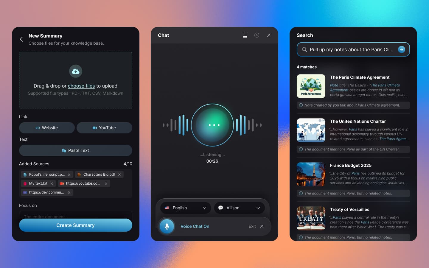 A collage of user interface components from the Summarizer.com application.