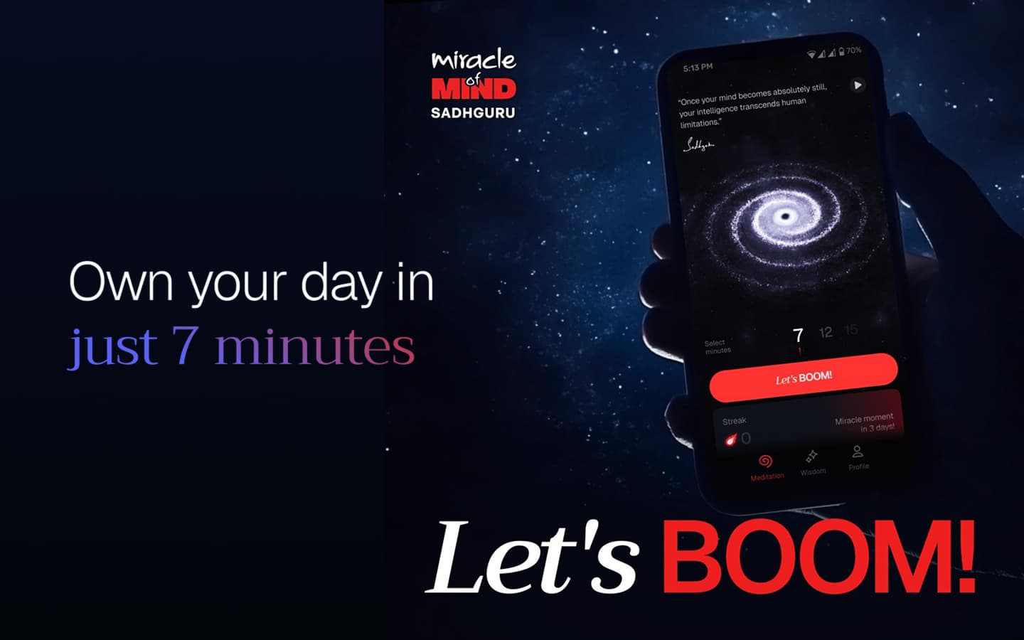 Miracle of Mind meditation app interface showing guided meditation features.