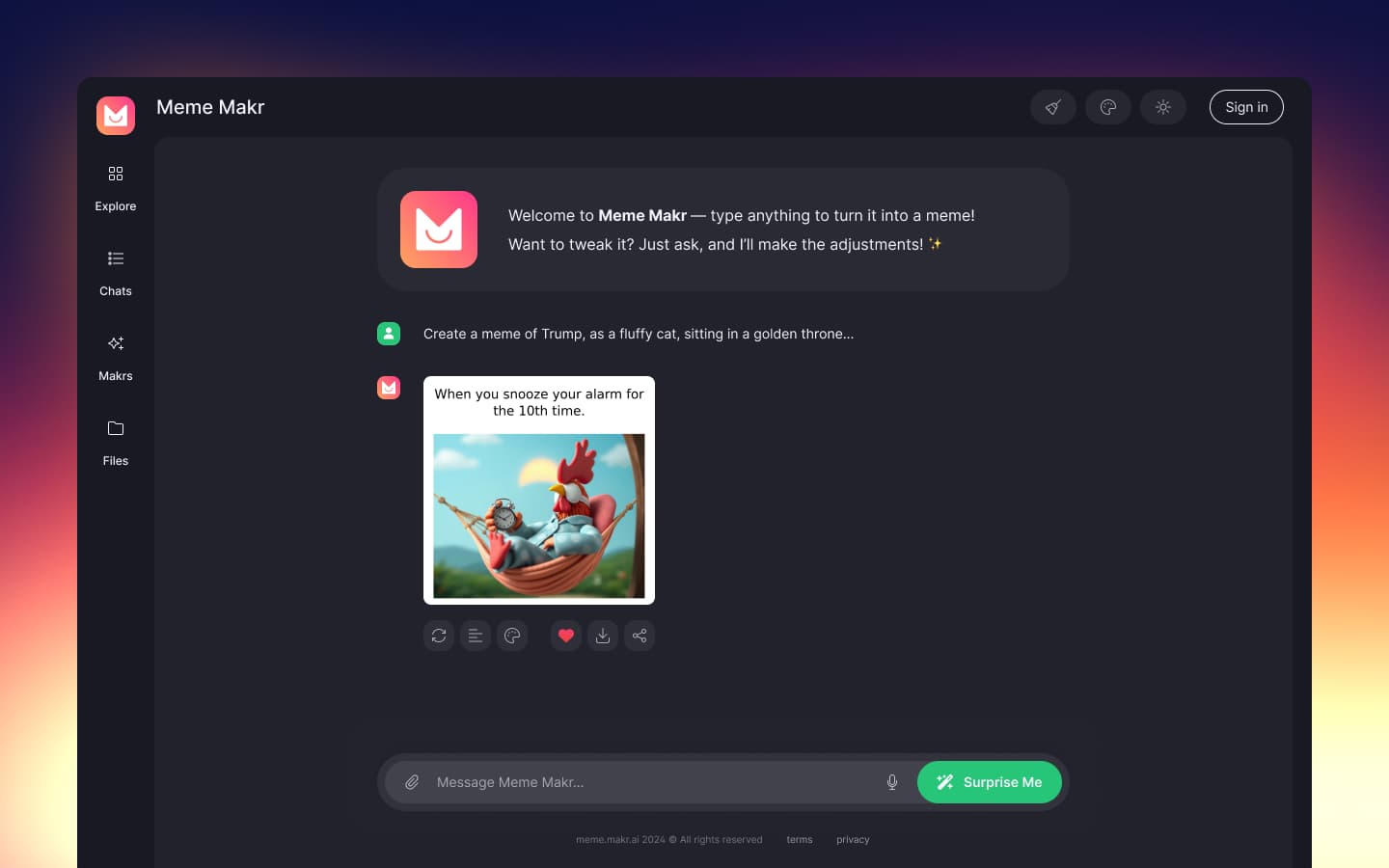 MemeMakr interface showing AI-powered meme creation with template selection and text placement.