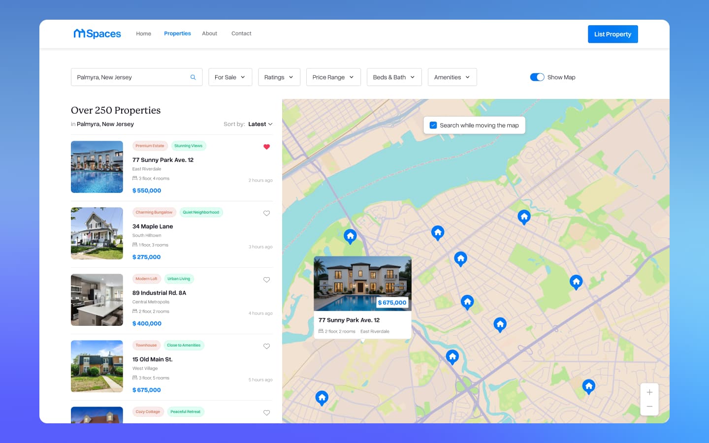 Homespaces interface showing intelligent home search with multiple filters and AI-powered recommendations.