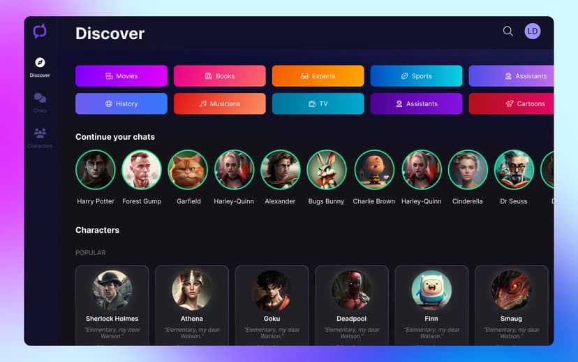 TalkToo.ai interface showing AI character conversations and learning features.