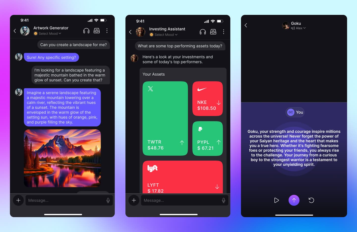 A collage of user interface components from the TalkToo.ai application showing character conversations and learning features.